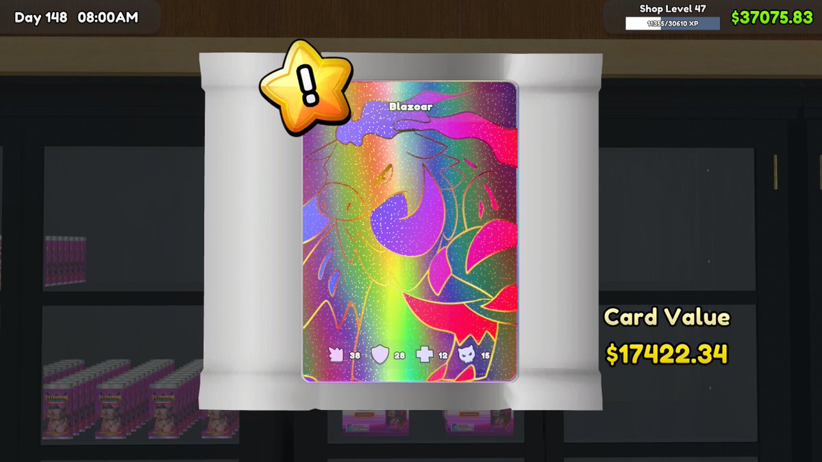 EleeLB's tweet photo. So this pull just happened for me in TCG Card Shop Simulator...
Blazoar Ghost Full Art Legendary Foil, mere $17,422.34 card value.  Safe to say new personal best. https://t.co/y14gwvZglc
