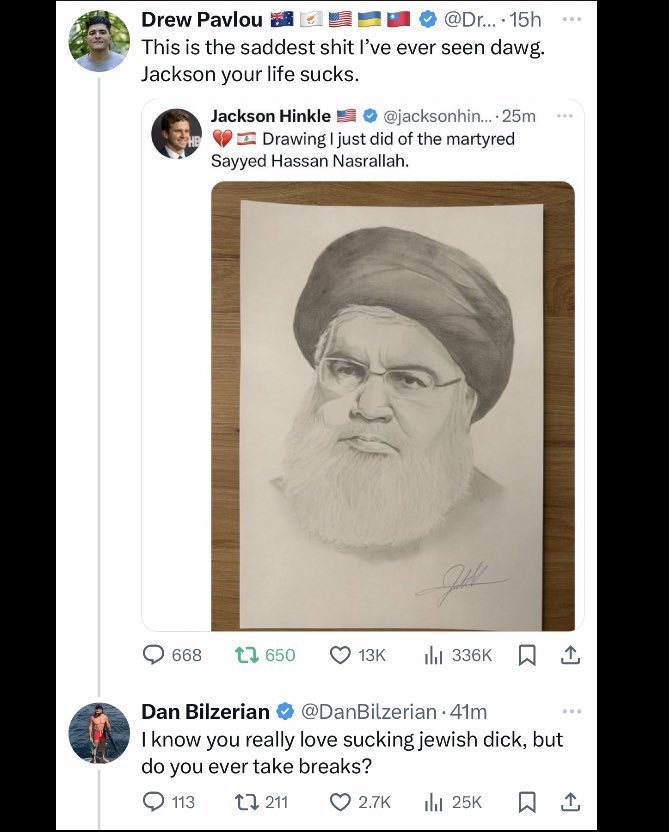DrewPavlou's tweet photo. I am not kidding @DanBilzerian if we had to swap lives for even one day I would blow my brains out.
Two heart attacks by 25 thanks to steroids. Using Dad’s fraud money to pay hookers to hang out with you in miserable rented mansion. Screaming about Jews all day online. What a fucking miserable life. Seriously, if I had to live like you I would kill myself the first chance I got.