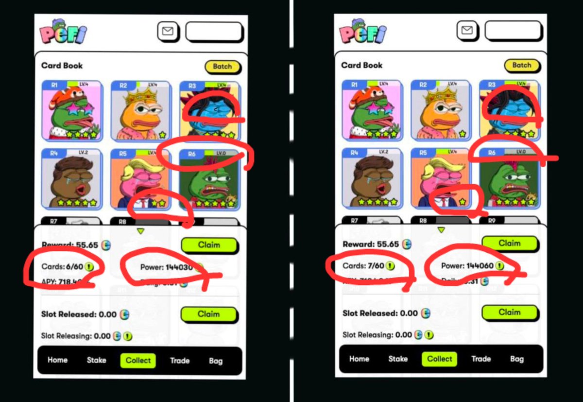 PragadeesAsp's tweet photo. @OfficialPefi In R3 one hair is missing in eye side compared to first image..

2 image shows different total cards in wallet

Two pictures show different powers

In R5 the one is 2 stars other is 1 star

In R6 exp shows error in picture 1..the exp doesn't increase when the card is in 0 level https://t.co/CE8qkZnV8m