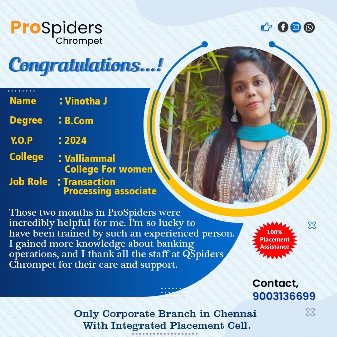 qspiderschromp1's tweet photo. Exciting News! 🎉
🎉Congratulations VINOTHA J👏
We are thrilled to announce that one of our dedicated students has successfully secured a job after completing the Prospiders Banking course! 🚀
 💼✨
#Prospiders #BankingCourse #CareerSuccess #StudentAchievement #ProudMoment https://t.co/j2Bxq3YGmQ