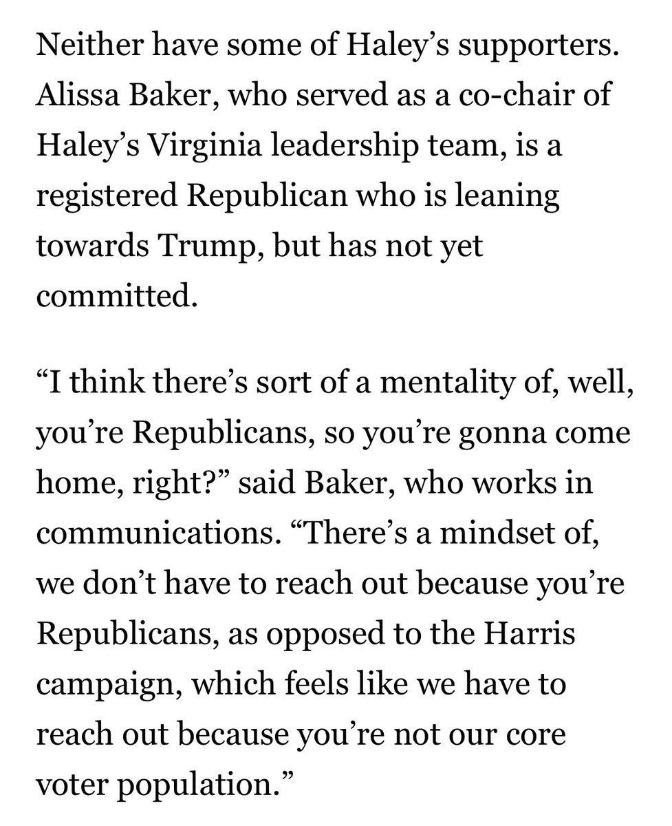 alissambaker's tweet photo. We may play for the same team, but a little outreach could still go a long way. I shared my thoughts with @politico as a #HaleyRepublican & member of @NikkiHaley VA leadership team that supports Nikki’s endorsement & will likely follow her. https://t.co/UxwWvVuIhs