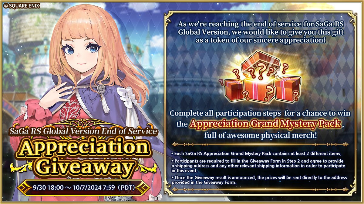 SaGa RS Global Version End of Service: Appreciation Giveaway!

As we near end of service, we are truly grateful for all your love &amp; support over the past four years. We will continue to do our best to provide you with the best gaming experience possible until the very end. 💡

1/