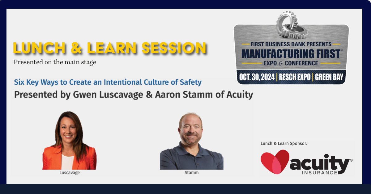 NEWmfg's tweet photo. Manufacturing First Expo & Conference in Green Bay on October 30. Lunch & Learn Session: Six Key Ways to Create an Intentional Culture of Safety presented @Acuity Insurance. π οΈπ·ββοΈ
Register at https://t.co/ZKlYDj2Fsm today!
#mfgfirst #newnorth #wisconsin https://t.co/zKPW6jEh8V