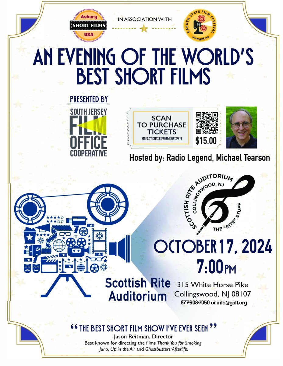 gsff.org/tickets/
THE WORLD'S BEST SHORT FILMS
October 17, 2024 | 7:00 PM | Scottish Rite Auditorium Collingswood | 315 White Horse Pike, Collingswood, NJ 08107
Hosted by: Radio Legend, Michael Tearson