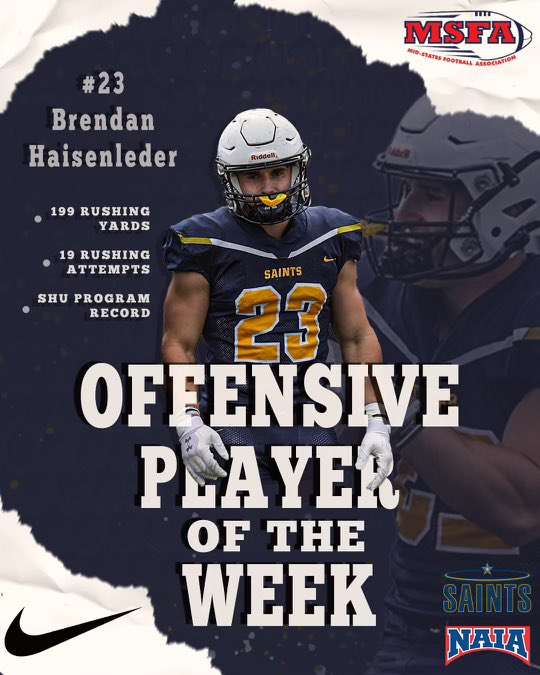 Congratulations to Brendan Haisenleder for being named the MSFA Mideast Offensive Player of the Week for the first time in his career!

Also congratulations on being SHU new single game rushing leader!

#ONE💛💙#FearTheHalo💫