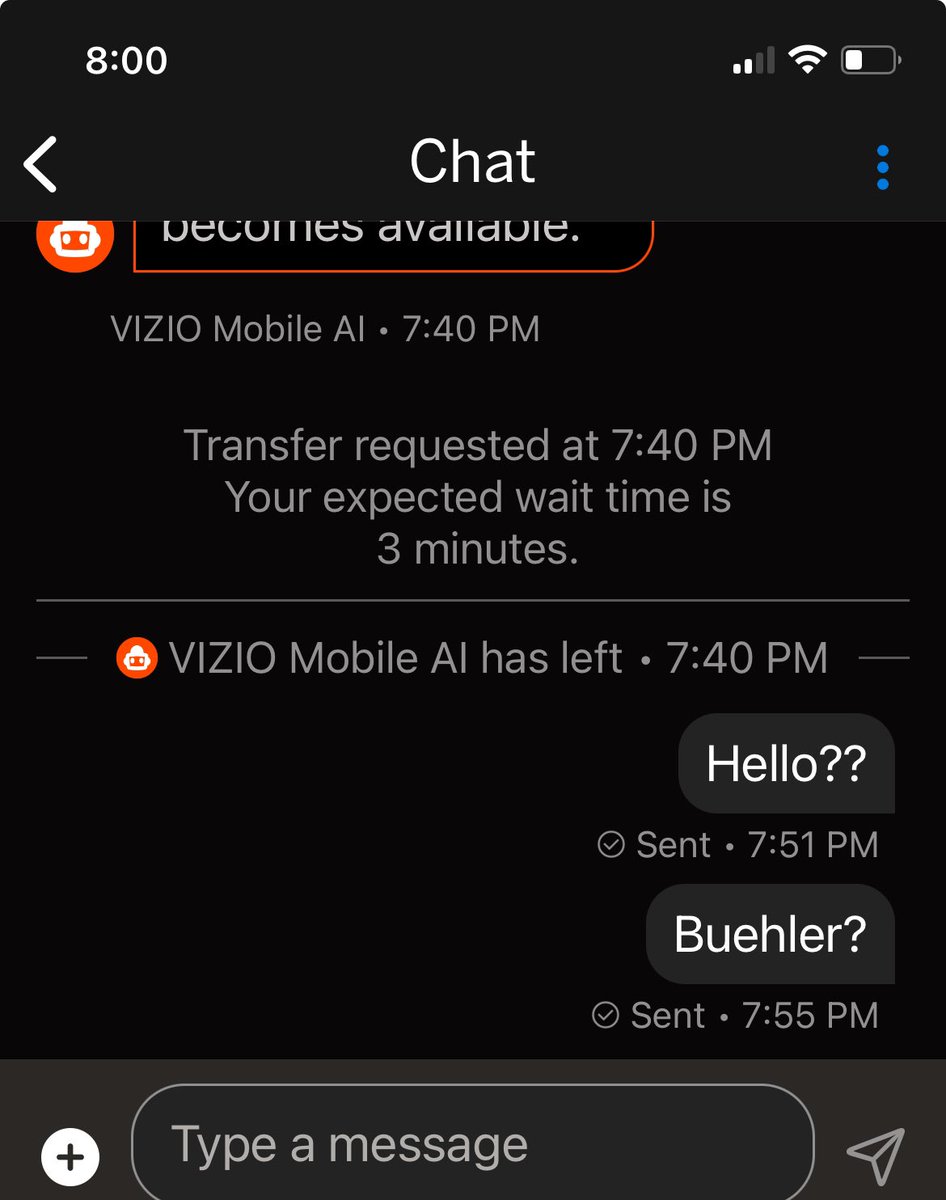 WhippetTechInt's tweet photo. @VIZIO Two factory resets, all the hoops of your AI bot, and sat waiting.  3 minutes wait… hardly! Horrendous customer service. https://t.co/PYSSFxglLO