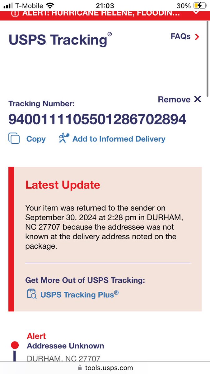 TurnerStreet's tweet photo. @USPSHelp Need help tracking a package. 9400111105501286702894 is the number. Got the attached message, but not sure why because packages have been delivered to that address before. Can you please help? https://t.co/LSftcR8Rxe
