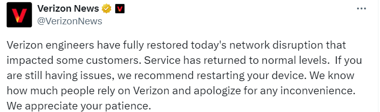 upuknews1's tweet photo. #JUSTIN : Verizon says resolved network disruption; FCC probing co’s mobile network outage for thousands of users in US.

#Verizon #VerizonOutage #VerizonWireless #NATIONWIDEOUTAGE #outage #USA #US https://t.co/W2eSHBjgHB