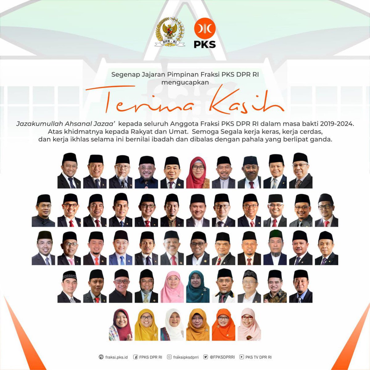 Jazakumullah khairan jaza,
terima kasih pada seluruh pahlawan legislatif <a href="/FPKSDPRRI/">Fraksi PKS DPR RI</a> yang telah purna tugas per 30/9 kemarin. 

Terima kasih atas konsistensi dan komitmen, terima kasih atas suara lantang advokasi, dan selamat berjuang di medan juang lainnya.