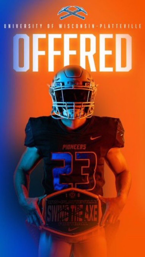 I’m glad to announce that after a phone call with Coach <a href="/Ryan_Munz/">Ryan Munz</a> I got my first official offer to play at <a href="/UWPlattFootball/">UW-Platteville Football</a>. Very glad to receive this offer and I’m exited to see where it goes.