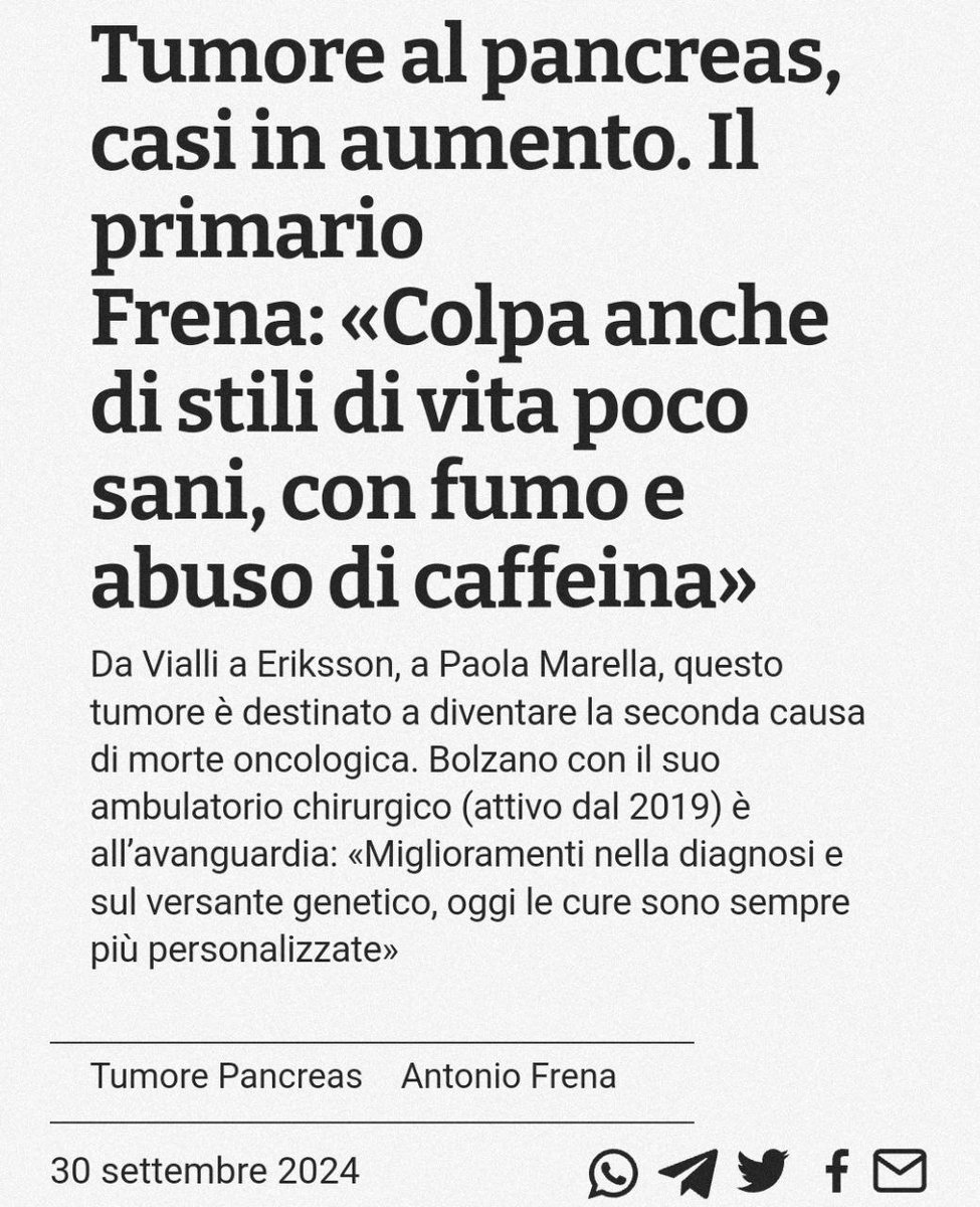 Toh, il quotidiano Alto Adige si accorge che i casi di tumore al pancreas sono in aumento.

La causa, dicono, è caffè e sigaretta. Curioso visto che il consumo di caffè è stabile mentre il fumo è in calo costante.

Ma il consumo di pizza margherita è in aumento, per cui c'è