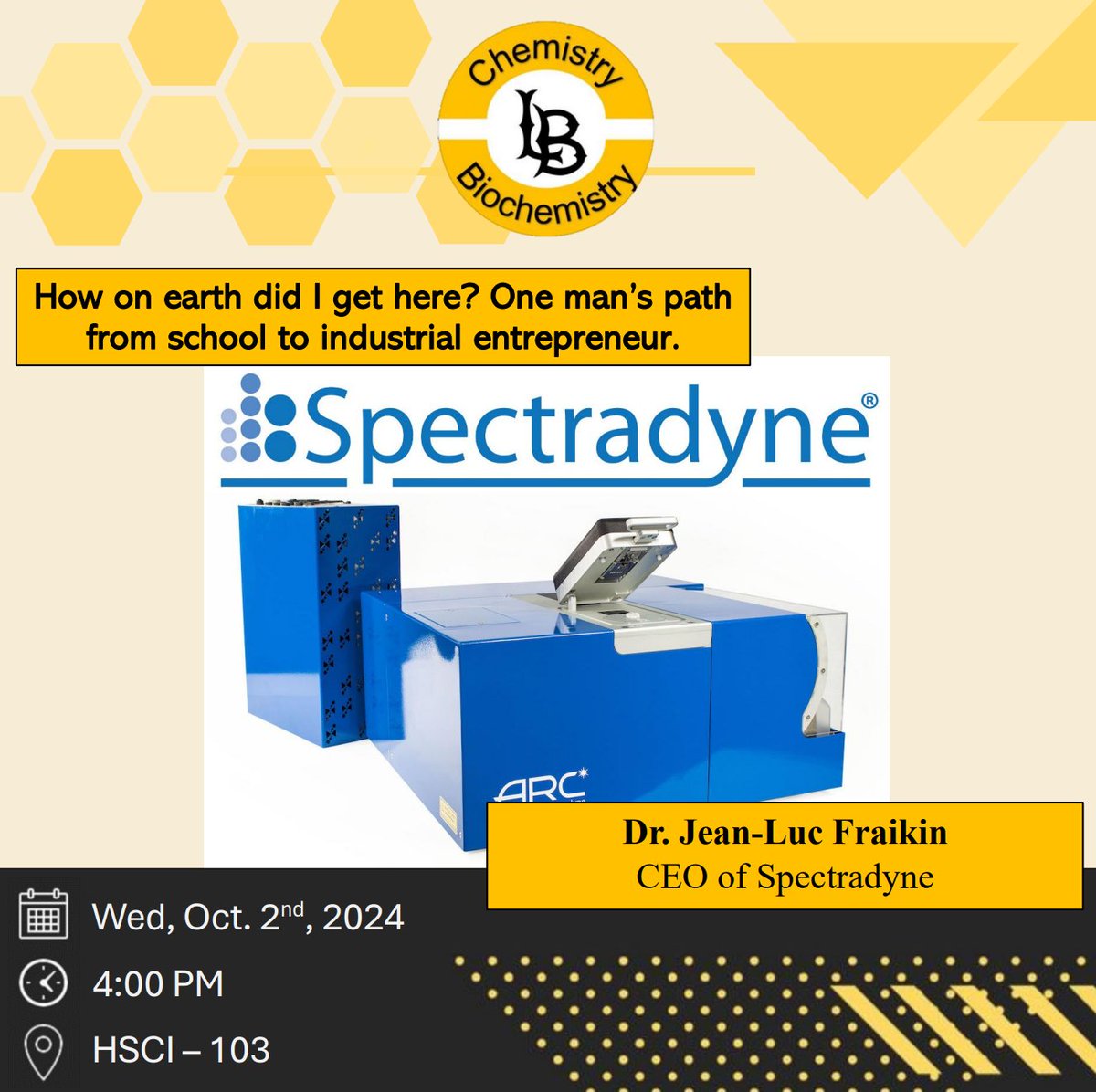 CSULB_BioChem's tweet image. ❗️Weekly Seminar 👨‍🔬

Join us this Wed. at 4pm for Dr. Fraikin&apos;s seminar!

If you are interested in having lunch with the speaker, please contact Lillianne at lillianne.aylward01@student.csulb.edu