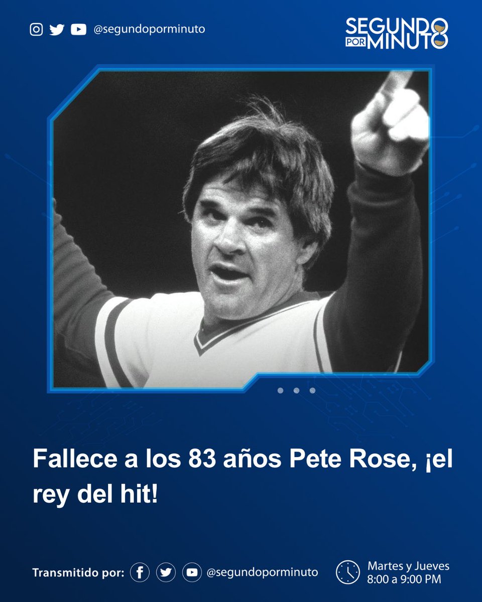 Fallece a los 83 años Pete Rose, el rey del hit de las Grandes Ligas.

Rose murió la mañana de este lunes en su casa en Las Vegas, informaron los medios de comunicación de Estados Unidos.

Pete Rose conectó 4,256 hits en su carrera en Grandes Ligas, la máxima cantidad.

#PeteRose