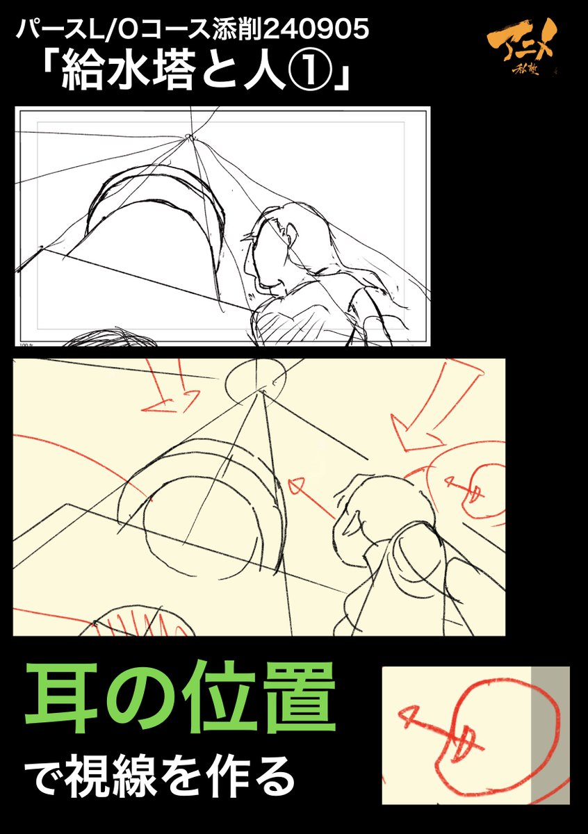 パースL/Oコース添削240905「給水塔と人①」
●耳の位置で視線を作る 