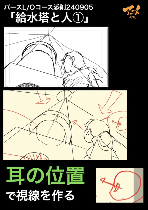パースL/Oコース添削240905「給水塔と人①」
●耳の位置で視線を作る 