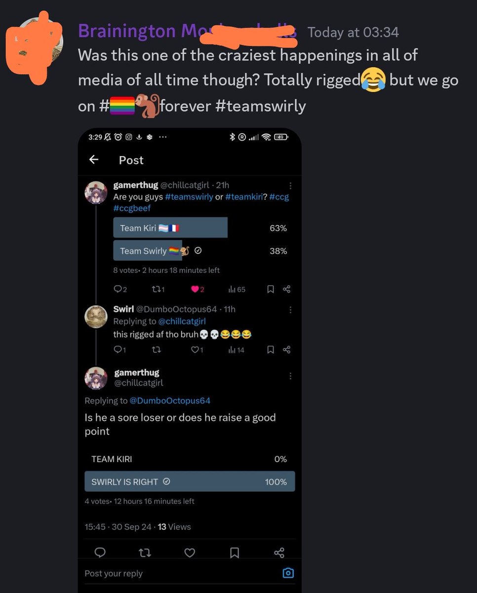 DumboOctopus64's tweet photo. TITILLATING argument coming LIVE out of ccg right now made by VETERAN CCG USER and Brainington M.: "Totally rigged😂" Do you agree? #ccgbeef #teamswirly https://t.co/86NjEHj32l