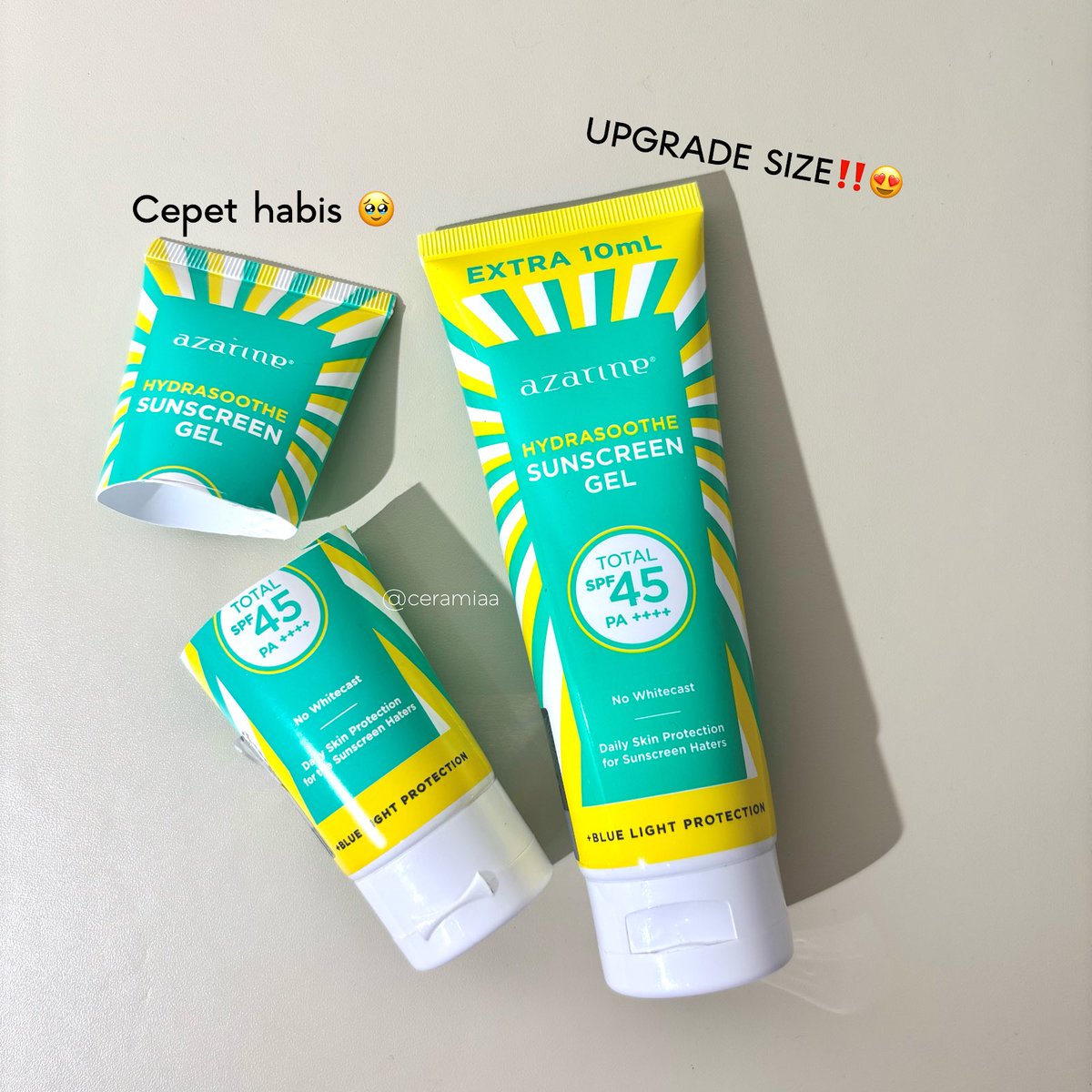 ceramiaa's tweet photo. GINI DONG ADA SIZE JUMBO SUNSCREEN AZARINE‼️

Gak cepet habis dan lebih hemat pastinya 🤗
@AzarineCosmetic 

Yang Belom icip sunscreen ini rugi besar! 
Nyaman banget soalnya 😍

#racuninsunscreen #racuninskincare https://t.co/4GehdXTGBx