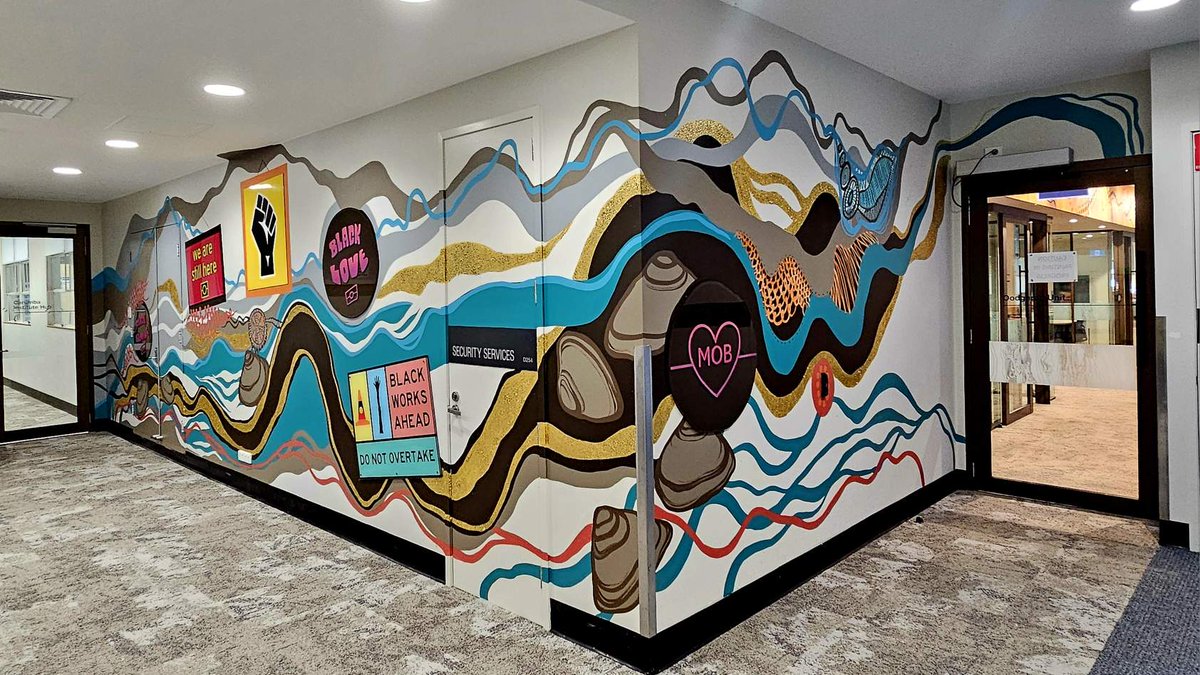 Watch out for the black love, the black joy, and the black works <a href="/QUT/">QUT</a> ! Thank you #LibbyHarwood for the fantastic artwork between #OodgerooUnit and <a href="/CarumbaQUT/">QUT Carumba Institute</a> at Kelvin Grove campus.  Drop the  🎤