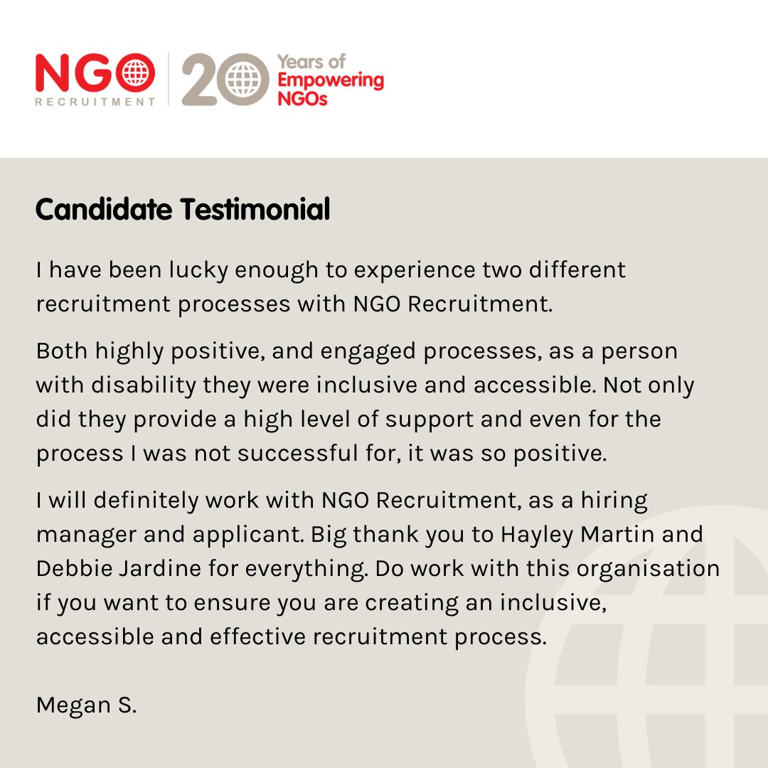 NGORecruitment's tweet image. 🤝 For 20 years NGO Recruitment has been helping not-for-profit organisations find the right talent while promoting inclusivity ▶️ ngorecruitment.com/diversity-and-…

#NGORecruitment #Diversity #InclusiveWorkforce #PeopleAndCulture  #DEI #Recruitment #NonProfit #Testimonial