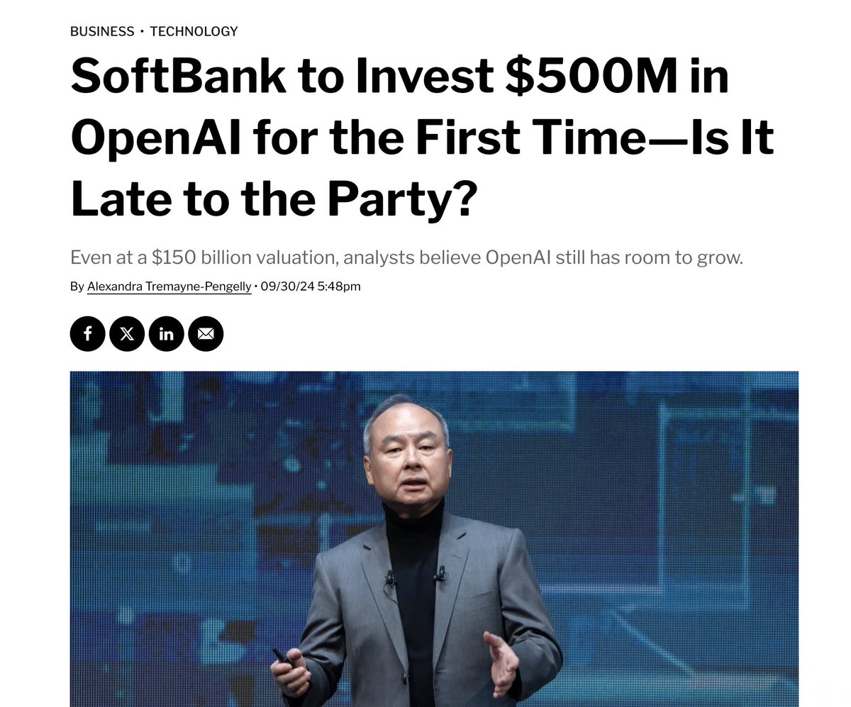 【⚡️速報】ソフトバンクがOpenAIに5億ドルの投資を発表。

遂に来ましたか。以前からスマホを一緒に作るなど、支援している様子はありましたが、投資は今回が初。

ソフトバンクはPerplexityにも1000万－2000万ドルを出資する予定なので、安定の領域全張り投資。