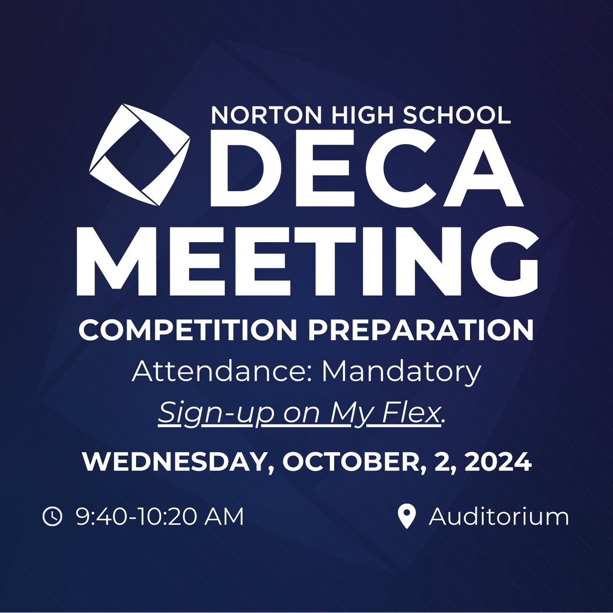 Mandatory Chapter Meeting on Wednesday, October 2, during LLB in the auditorium. All members are expected to attend. Sign up in MyFlex. #NPSPride #DECA #BeTheOne #ChartYourCourse