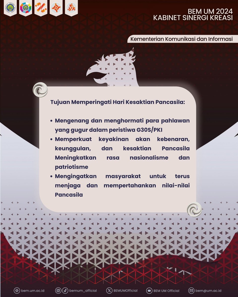 [MEMPERINGATI HARI KESAKTIAN PANCASILA{

Hari Kesaktian Pancasila adalah hari peringatan kedudukan Pancasila sebagai satu-satunya ideologi, pandangan hidup dan dasar negara.  Selain itu, juga untuk memperingati gugurnya para korban G30S PKI.