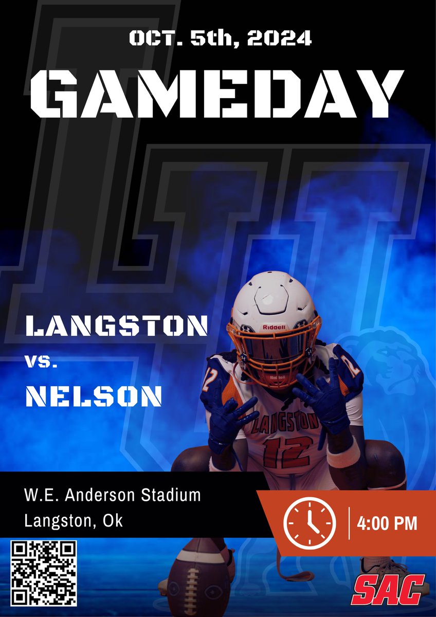 📆<a href="/LangstonSports/">Langston Athletics</a> vs Nelson U. 
⏱️ 4:00pm Kickoff
📍<a href="/LangstonU/">Langston University</a> 

🚨🚨🚨Attention all recruits this is an official game day invite. We would love for you to join us this weekend for our home game at W. E. Anderson Stadium.🚨🚨🚨