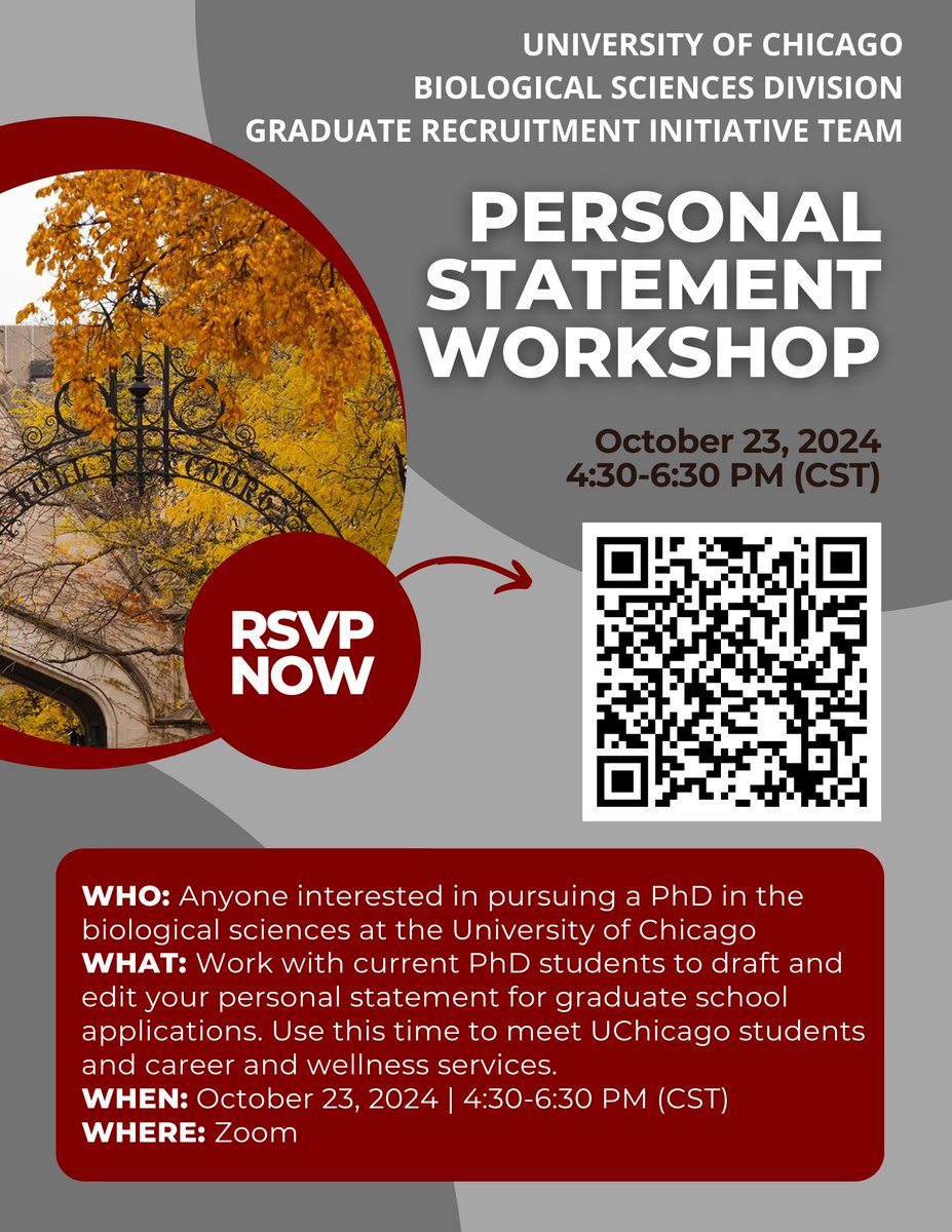 UChicago Department of Microbiology (@uchicago_micro) on Twitter photo If you’re interested in applying for graduate school and want help  revising your application, this workshop is for you! Join students and  faculty from the University of Chicago Biological Sciences Division on October 23rd from 4:30-6:30 PM CST over Zoom. If you’re interested in applying for graduate school and want help  revising your application, this workshop is for you! Join students and  faculty from the University of Chicago Biological Sciences Division on October 23rd from 4:30-6:30 PM CST over Zoom.