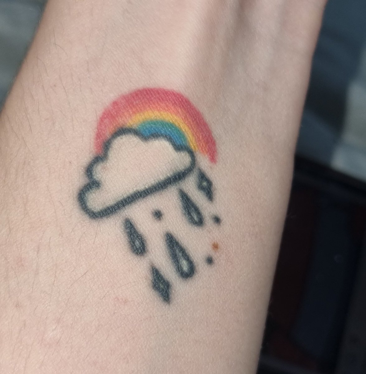 Este tatuaje me hace acordar siempre que estoy mal, que la depresión se trata de esto. Que el arcoiris (las cosas lindas de la vida) siempre van a estar tapadas por la lluvia/tormenta (por lo malo o negativo que tu cabeza se inventa).