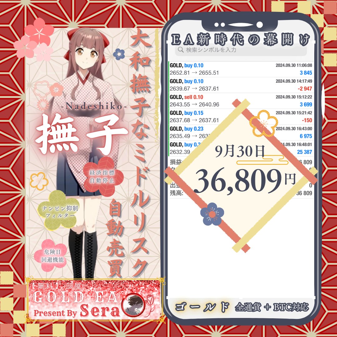 Sera_GoldTrader's tweet photo. ゴールドEA 9月30日 の収支です！
GOLD-EA500
＋47,343円
4.7 %

GOLD Sherry
＋294,467円
29.4 %

💝オフェンスモード
＋21,568円
2.1 %

撫子 - Nadeshiko -
＋36,809円
3.6 %

利用したい方は…😉✨
https://t.co/UAJv4Atgdy
専用オプチャ
https://t.co/D0CGADVjd2

#自動売買 #ad https://t.co/8DsVb8vd5s