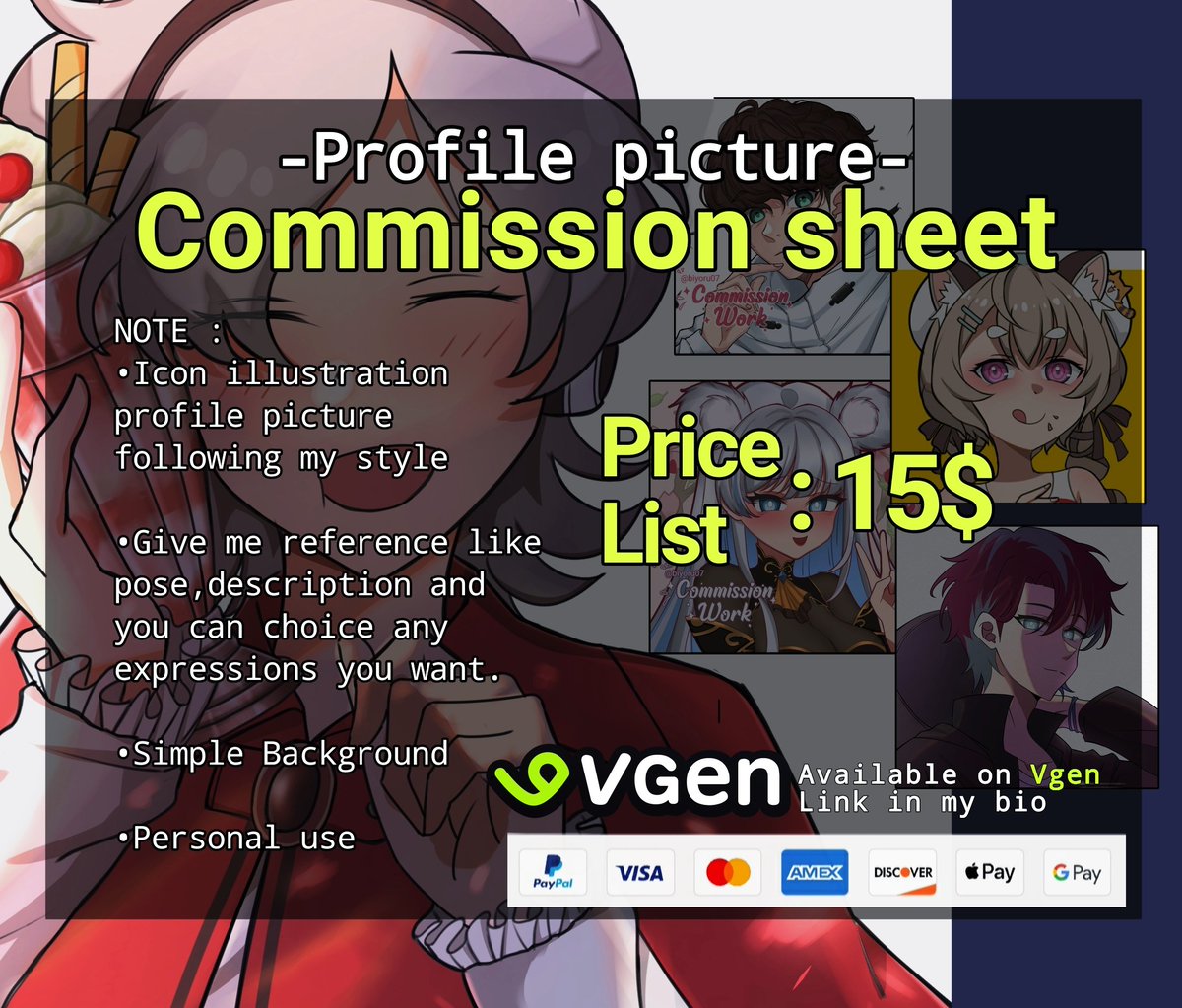 biyoru07's tweet photo. [Pfp Commission Open]
Thankyou for the retweet and likes 💙

Hello, I'm opening PFP commissions for 3 slots. If you're interested, you can order on VGen 🕊️
https://t.co/rvYphWDouR

#commissionsopen #Commission #VGenOpen #artcommission #CommissionSheet https://t.co/bgcHlgUWk0