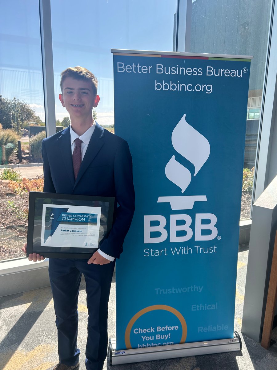 CreightonPrep's tweet photo. Congrats to Parker '28, who was awarded the Rising Community Champion award by the @bbbmidwestplains!

Parker was honored for initiating a project aimed at raising awareness about scams targeting seniors. Read his story in this week's 10/4 Prepped Parent email! #MenForOthers https://t.co/X2nH5fqj9O