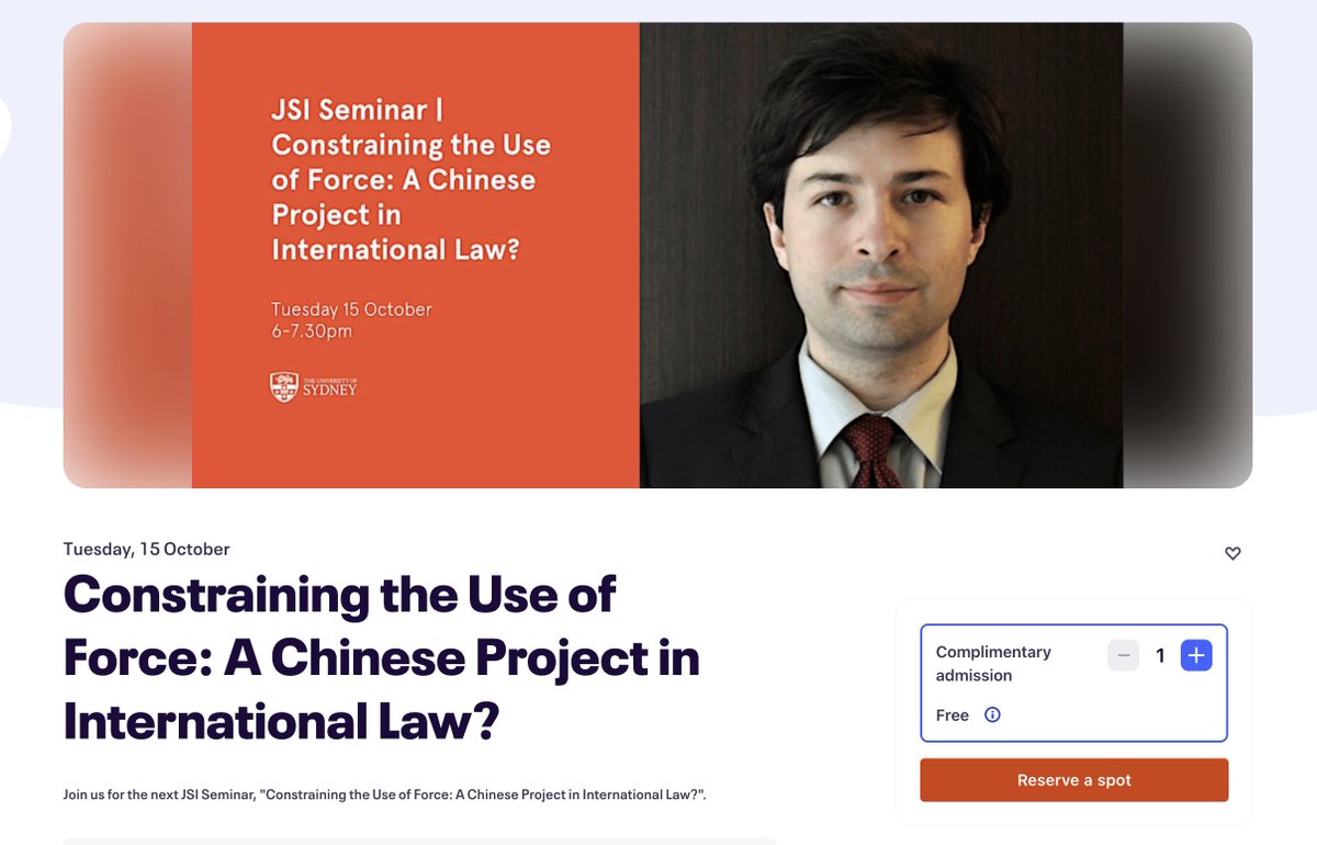 zeguoqiang's tweet image. Will be speaking at The University of Sydney Law School @JSI_Sydney @Sydney_IntlLaw Oct. 15 on the topic "Constraining the Use of Force: A Chinese Project in International Law?"
eventbrite.com.au/e/constraining…