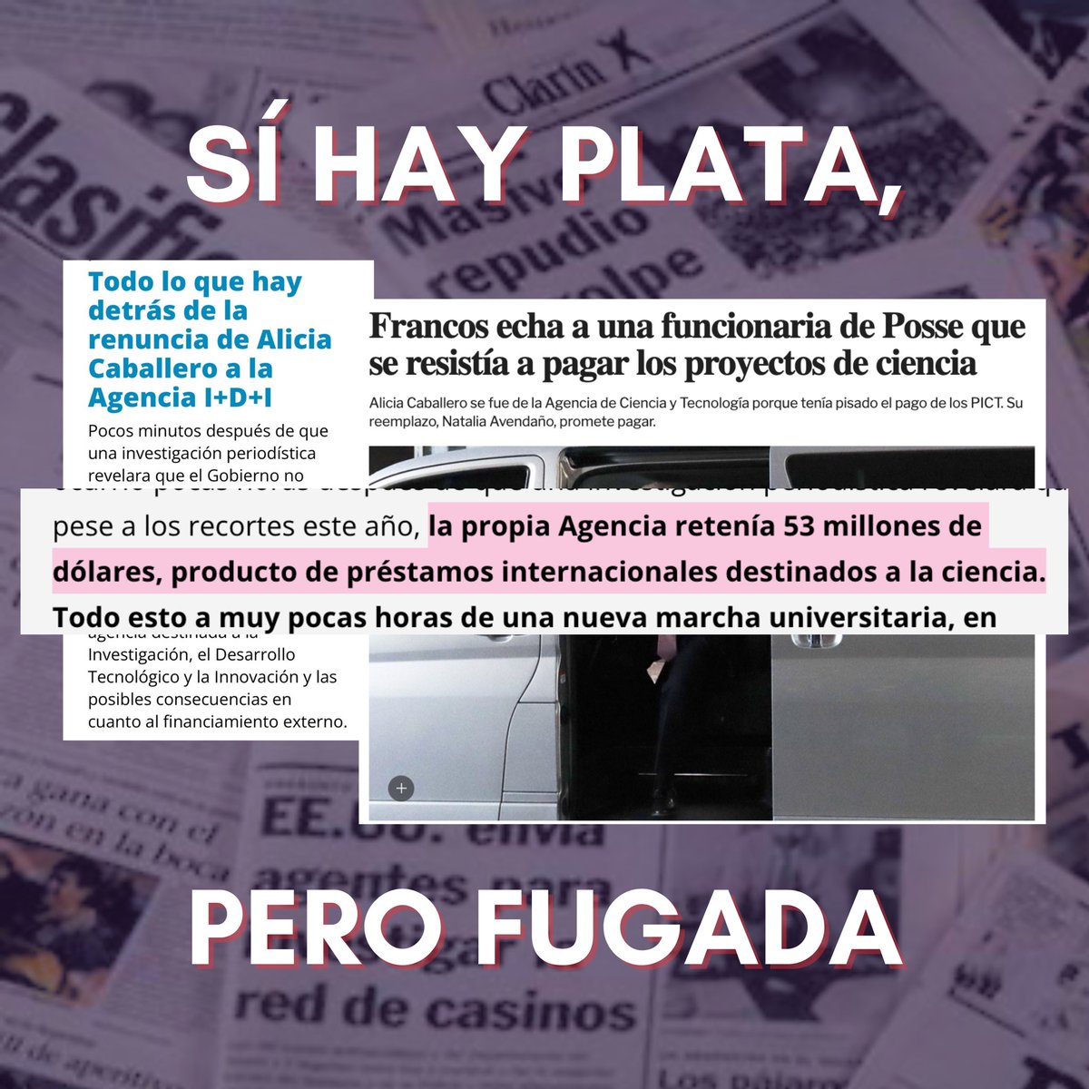 interesesconect's tweet photo. “No hay plata”, “la casta son los científicos e intelectuales” 

⚠️La nueva dirección de Agencia retuvo 53 millones de dólares, proveniente de préstamos internacionales 100% destinados a la ciencia. Literalmente nos están robando https://t.co/dDDd9uMb8b