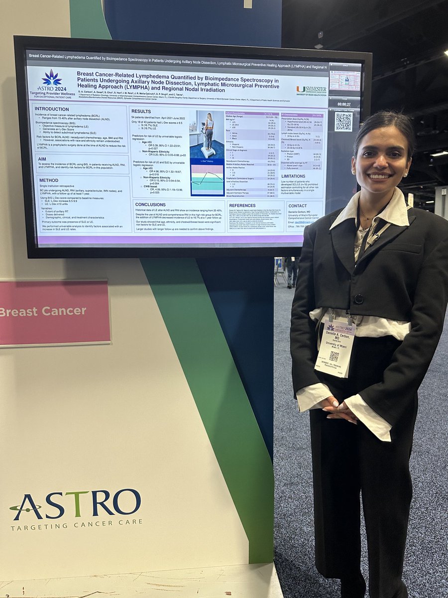 ⁦<a href="/DanielleCerbon/">Danielle Cerbon, MD</a>⁩ had a great presentation today of our lymphedema rates after ALND, lymphovenous bypass, and axillary irradiation for high burden axillary disease in breast cancer patients ⁦<a href="/ASTRO_org/">ASTRO</a>⁩ #ASTRO2024 congrats Danielle!