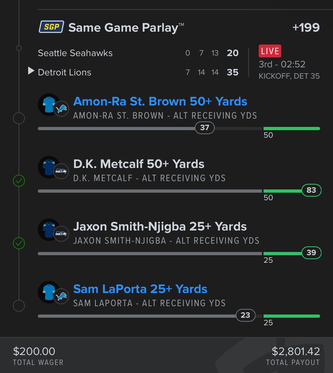 akatoned's tweet photo. Somehow waddle comes thru. Can we get some luck in Detroit?  

13 ARSB Yards
2 Laporta 🤞🏾🤞🏾 https://t.co/zrGTwKoIos