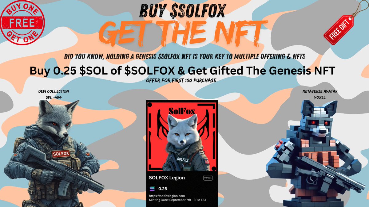 It's time, become a $SOLFOX Legionnaire.

We have been building for the past 6 weeks. We launched our Genesis NFT collection 2 weeks ago.

This NFT is your key to 2 NFT, one for your DeFi element, and one for our future Metaverse/Game. Your voxel key &amp; Avatar.

Buy 0.25 $SOL