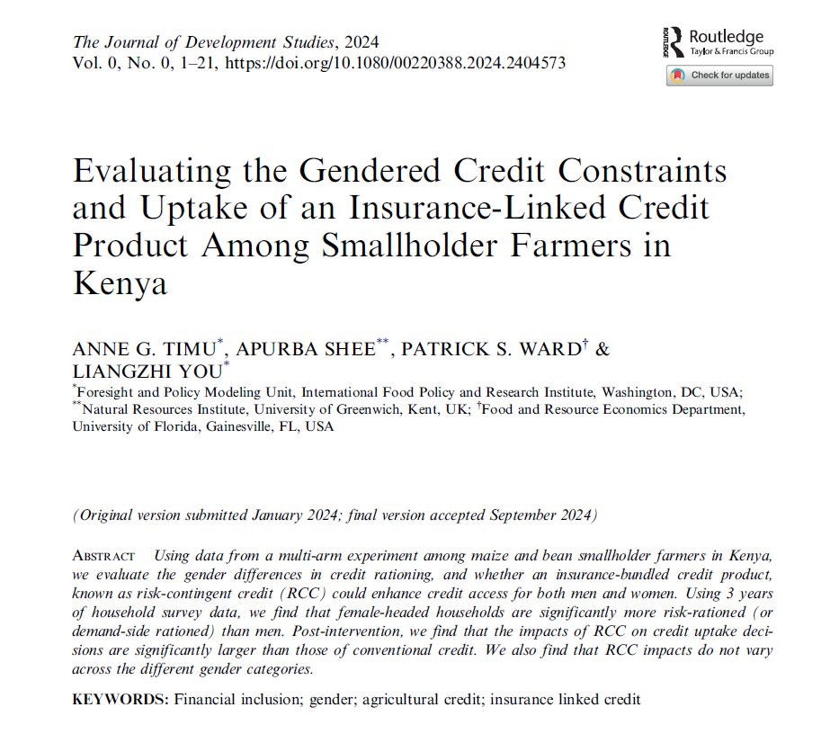 Journal of Development Studies (JDS) (@jdevstudies) on Twitter photo A new study in #JDevStudies shows how small farmers in 🇰🇪 , especially 👩🏾, struggle to get loans. The study finds that 🔗 loans with insurance helps both👨🏾& 👩🏾 access credit more easily.
👉🏾Dig deeper: doi.org/10.1080/002203…
@annegesare <a href="/apurbashee_econ/">Apurba Shee</a> <a href="/PatrickWard1278/">Patrick S. Ward</a> A new study in #JDevStudies shows how small farmers in 🇰🇪 , especially 👩🏾, struggle to get loans. The study finds that 🔗 loans with insurance helps both👨🏾& 👩🏾 access credit more easily.
👉🏾Dig deeper: doi.org/10.1080/002203…
@annegesare <a href="/apurbashee_econ/">Apurba Shee</a> <a href="/PatrickWard1278/">Patrick S. Ward</a>