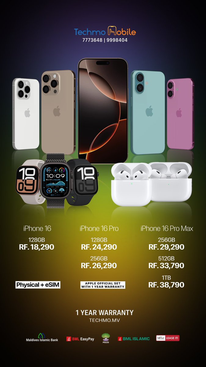 MvTechmo's tweet photo. #apple #iPhone16 #iPhone16Pro #iPhone16ProMax now available! #Maldives #visitmaldves https://t.co/2fCfzdFGgy