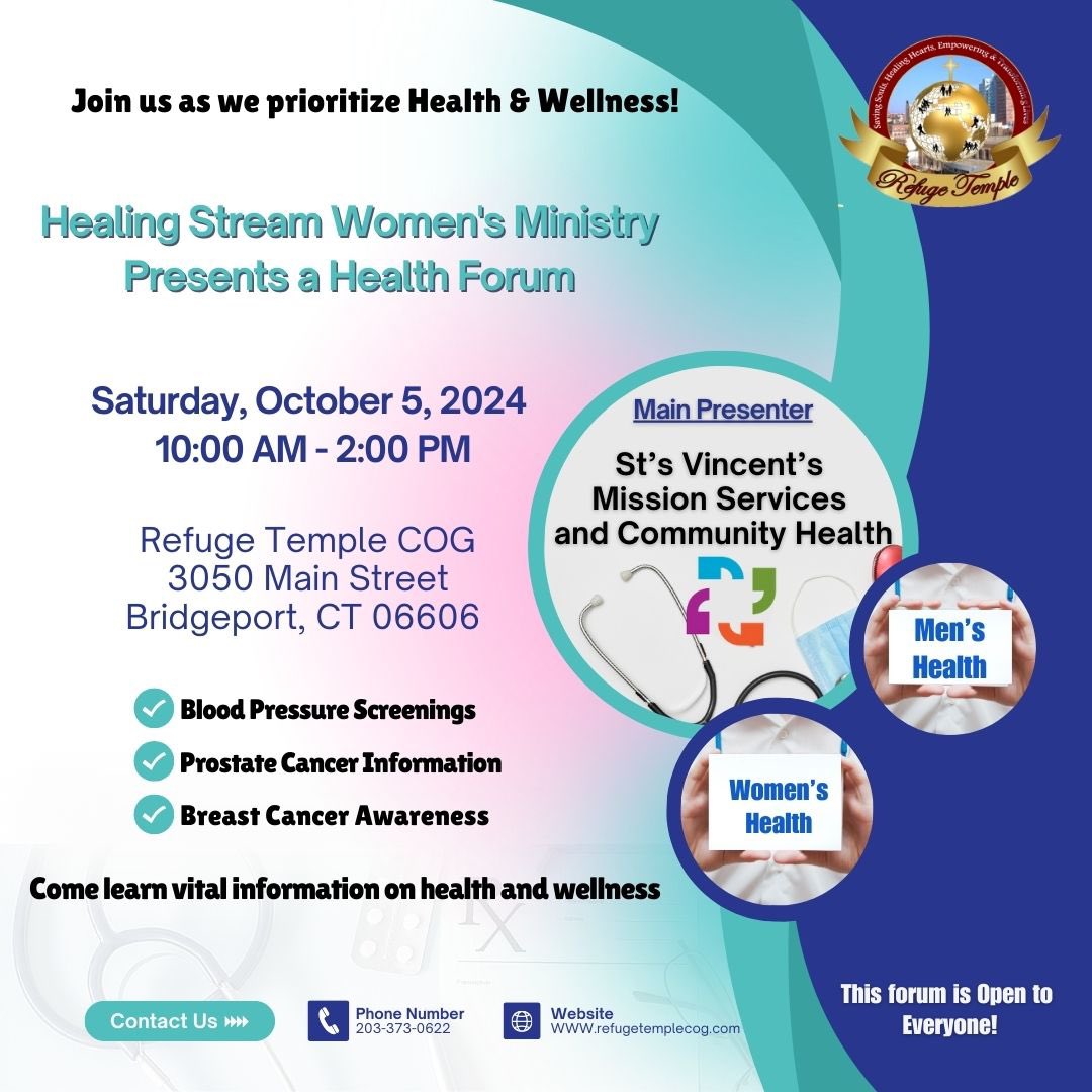 RefugeTempleCOG's tweet photo. All are welcome to a Health Forum @RefugeTempleCOG 
#MensHealth #WomensHealth  #HealthAndWellness  #HealthAwareness 
Spread the word! Come and be empowered for healthy living. 💪 #HealthyLiving #Wellness #Empowerment @StVincentsMC https://t.co/BVJiC3vZZ3