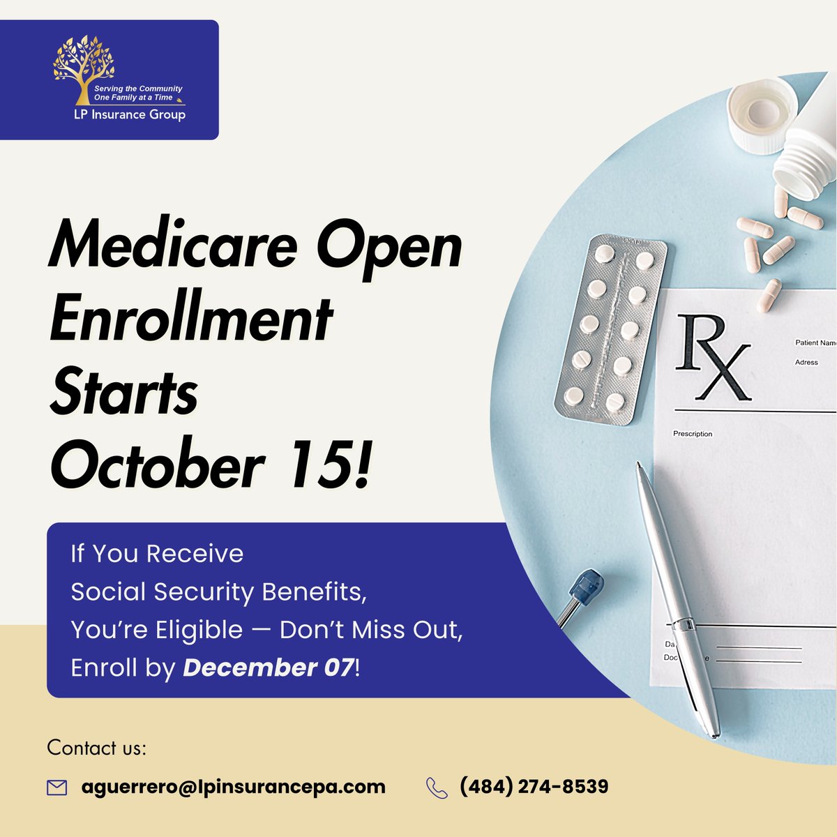 LPInsurance77's tweet photo. Open enrollment for Medicare Insurance is here! From October 15 to December 07, anyone receiving Social Security benefits can take advantage of this special offer. Anthony Guerrero at LP Insurance.
#MedicareEnrollment #SocialSecurity #HealthCoverage 
https://t.co/19wALBJmoD https://t.co/KMe8FNkzoU