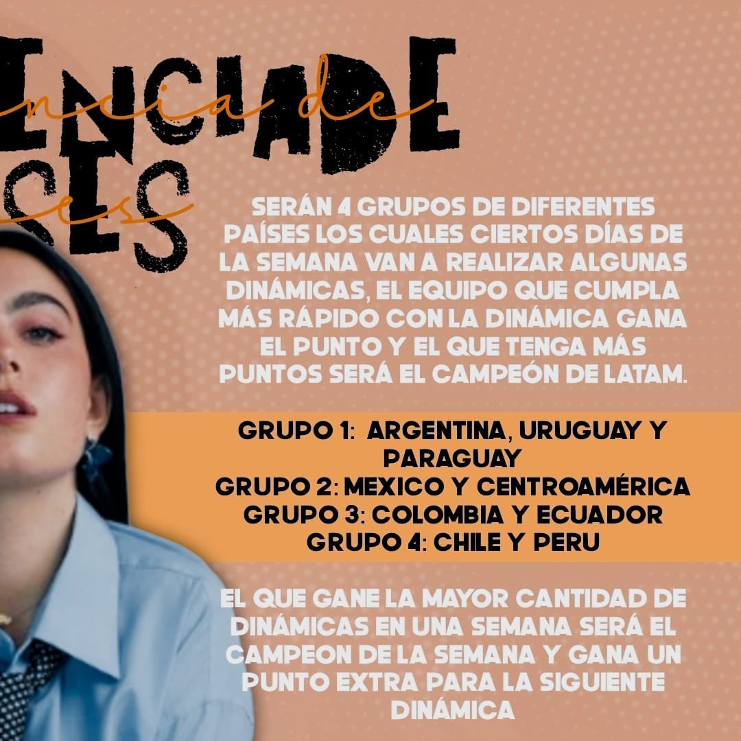 latamkiki's tweet photo. 📌 COMPETENCIA DE PAÍSES

¡Mañana comienza la competencia de países! 🌍 Es importante que sepan de qué grupo son, se pongan la banderita en el nombre y estén atentas a nuestras redes. 

El equipo ganador de la semana tendrá premios MUY especiales y el ganador de toda la competencia se llevará un beneficio único.
¡Esperamos que todas participen y se diviertan! 

¿Listas para ser campeonas de LATAM?
