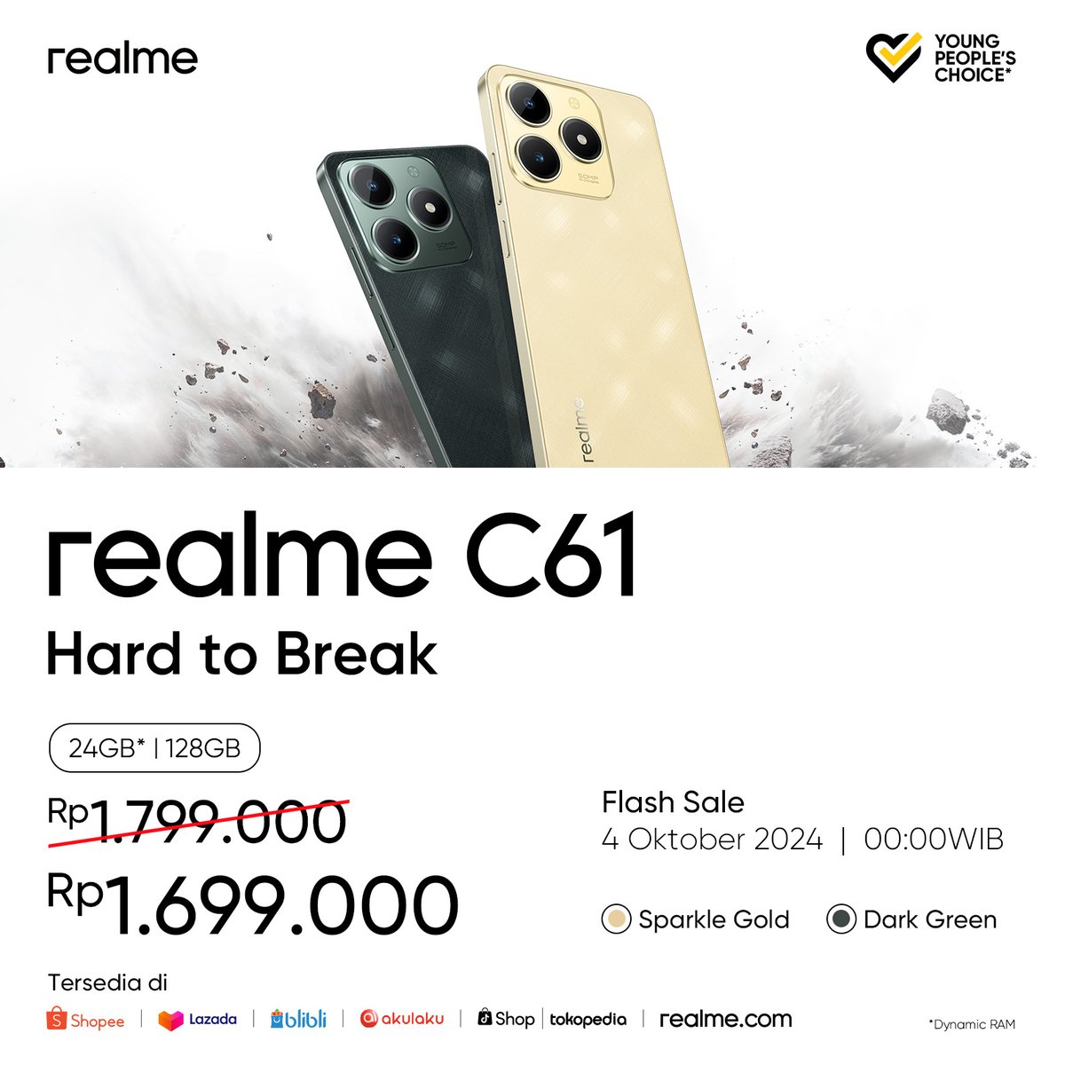 realmeindonesia's tweet photo. Ini sih best deal parah 🤝 

 Dengan harga sejutaan kamu udah bisa bawa pulang #realmeC61 yang kualitasnya gak main-main 🔥   

#UnbreakableChampion #HardtoBreak https://t.co/7cZxQW6xeB