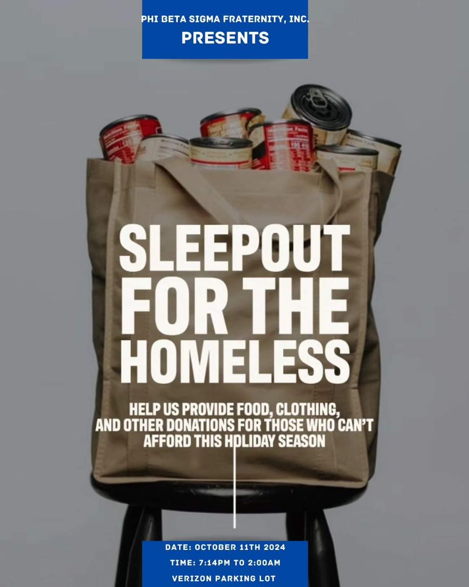 Please consider donating to help us provide non perishable food and gently used clothing to those who are in need this Holiday Season. 

The 19th Annual Nebraska Phi Beta Sigma Sleepout for the Homeless will be Friday, October 11, 2024 at 7:14pm. Verizon parking lot, 7604 Dodge
