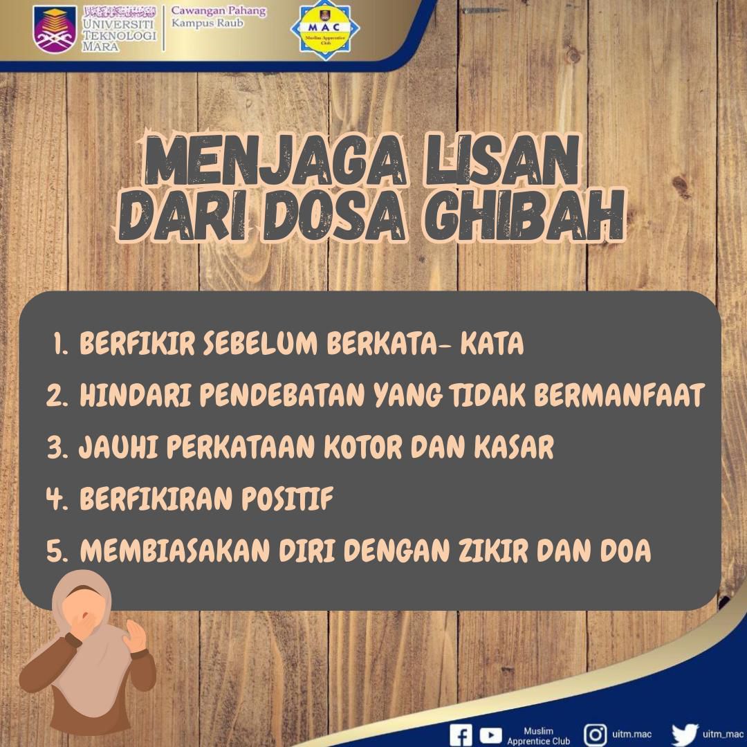 uitm_mac's tweet photo. MENJAGA LISAN DARI DOSA GHIBAH 🗣️ 

Menahan diri daripada berbicara atau berkata perkara yang tidak berfaedah adalah antara kemuliaan dalam Islam. Nabi SAW menasihatkan agar orang yang beriman kekal diam jika tidak ada perkara yang baik untuk diperkatakan. https://t.co/rlBUdqu3TM