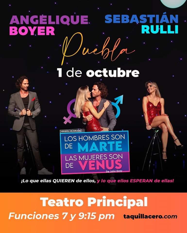 Teatro Principal Puebla (@tprincipalpue) on Twitter photo . <a href="/Anboy88/">Angelique Boyer</a> y <a href="/sebastianrulli/">Sebastian Rulli</a> te esperan "Los hombres son de Marte, las mujeres son de Venus" este 1 de octubre en el #TeatroPrincipalPuebla.
Boletos a la venta en taquilla y taquillacero.com . <a href="/Anboy88/">Angelique Boyer</a> y <a href="/sebastianrulli/">Sebastian Rulli</a> te esperan "Los hombres son de Marte, las mujeres son de Venus" este 1 de octubre en el #TeatroPrincipalPuebla.
Boletos a la venta en taquilla y taquillacero.com
