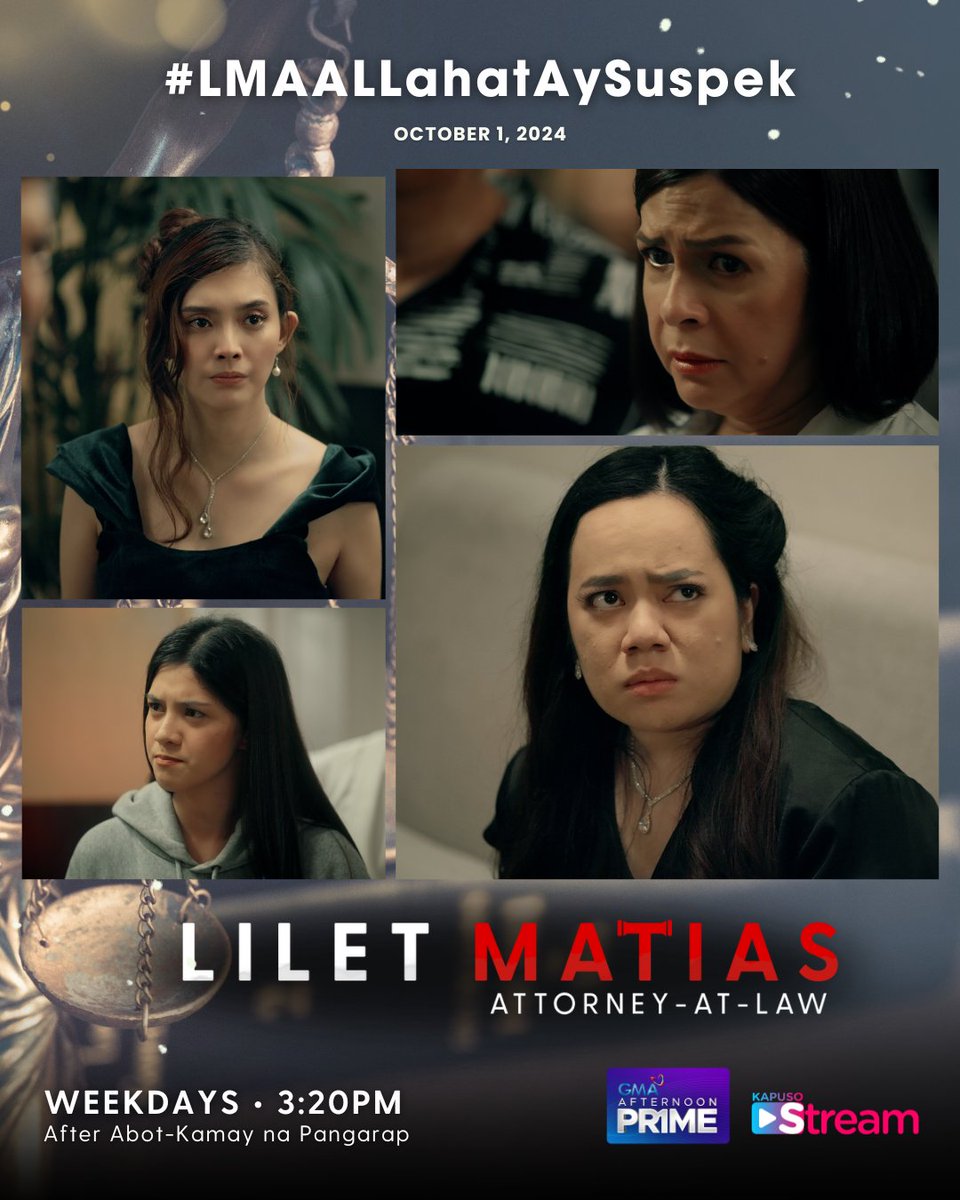 Lahat ay may motibo. Lahat ay suspek!

Abangan ang mainit na tapatan sa #LiletMatiasAttorneyAtLaw mamayang 3:20 PM sa GMA Afternoon Prime!

Official Hashtag: #LMAALLahatAySuspek