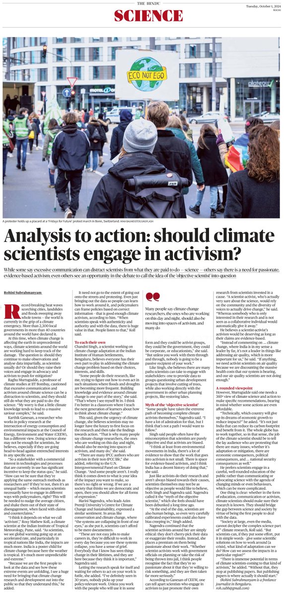 Should climate scientists engage in activism?

PDF: climate.rocksea.org/images/climate…

The Hindu, Science page, 1 Oct 2024