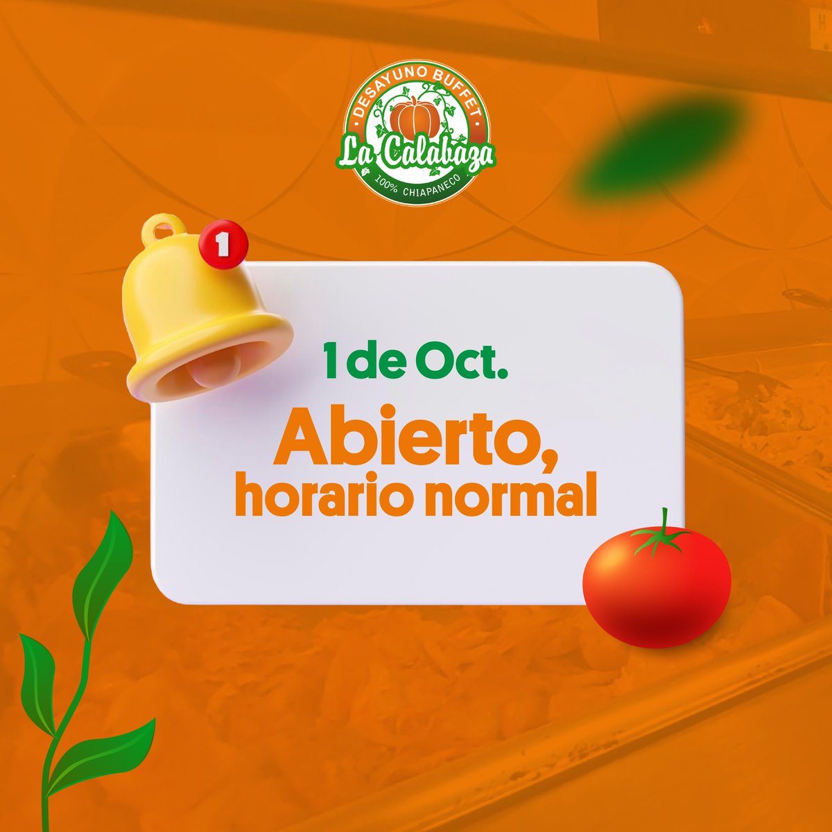 Disfruta del mejor Desayuno buffet Chiapaneco en La Calabaza Restaurant. 

 Lunes, Martes , jueves y viernes $265 .00

Musica de marimba los miercoles y domingos 🎶

Te esperamos 😉