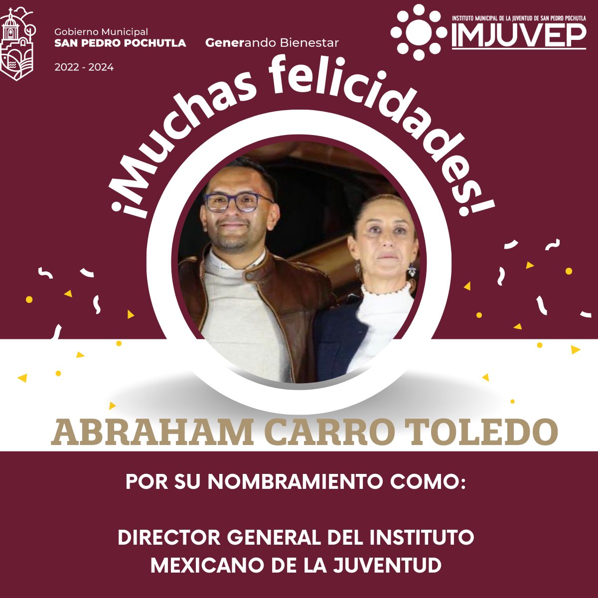 IMJUVEP's tweet photo. Felicitamos a Abraham Carro Toledo por su reciente nombramiento como Director General del IMJUVE Instituto Mexicano de la Juventud  🎉👏

Estamos seguros de que su liderazgo y compromiso con las juventudes de México marcarán un camino de nuevas oportunidades. https://t.co/TLl60m25Nl